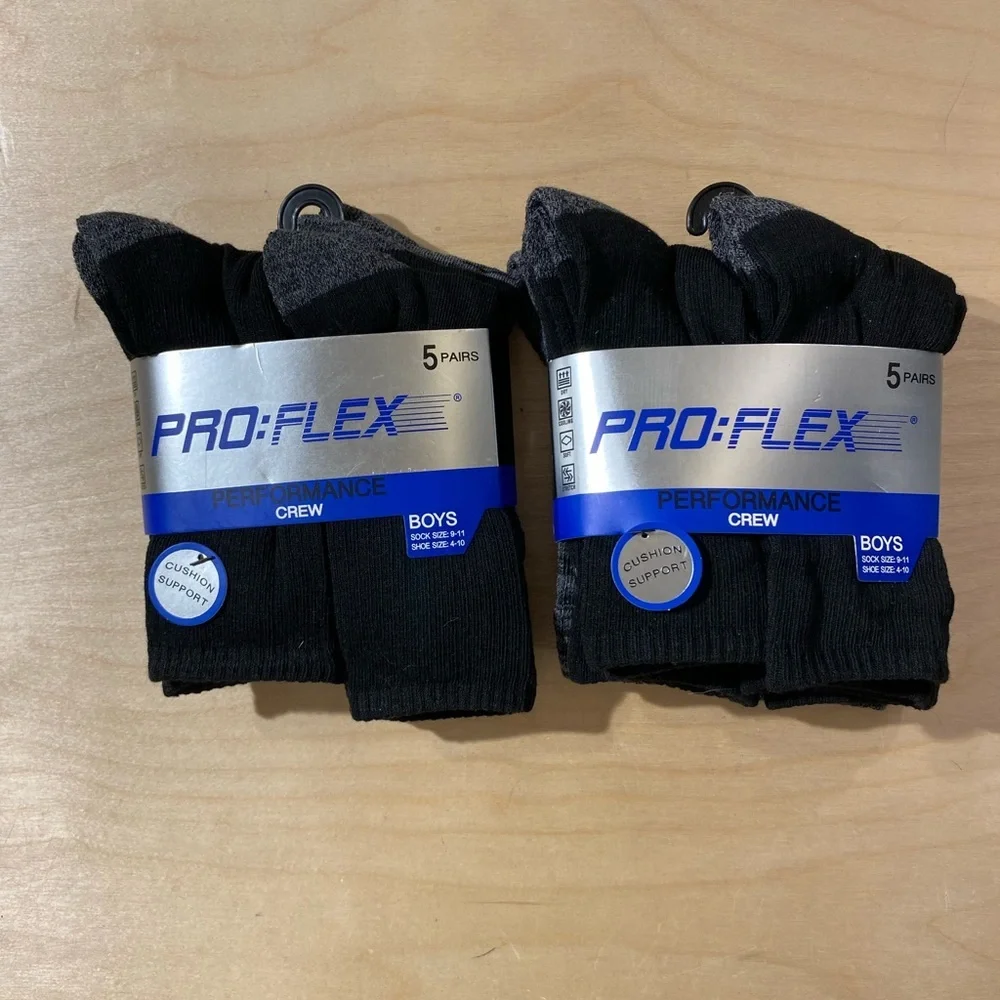 2 Pro:Flex Black Crew Socks for Boys- 5 Pairs sock size 9-11 Shoe Size 4-10 (OC)